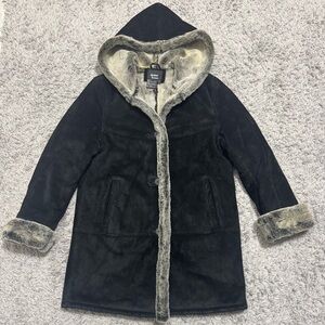 Dennis Basso Suede Leather Faux Fur Hooded Coat Womens S Black Jacket